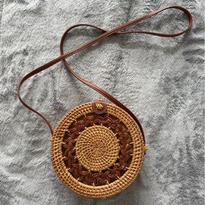 Round Woven Crossbody Bag with Tan Strap